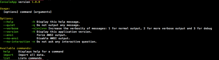 Output when running the console file without arguments